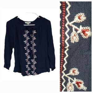 Tantrums Navy Blue Crochet Crepe Tunic Girls Large Tassel Top V-neck 3/4 sleeve